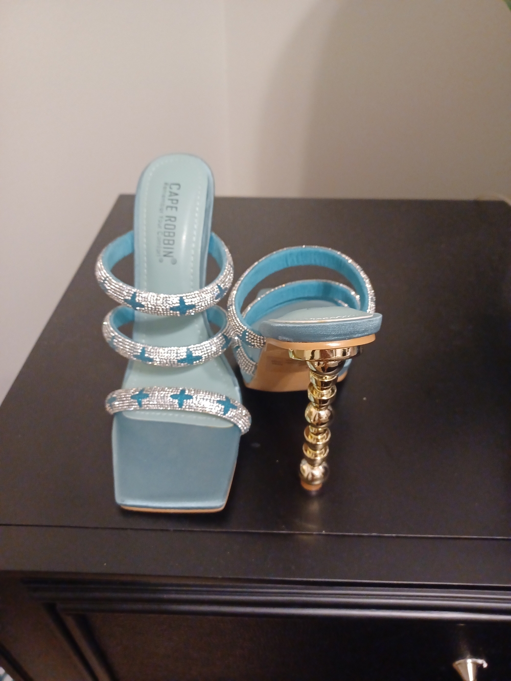 Cape Robbin Aqua Crystal Triple-Strap Heeled Sandals with Gold Sculpted Heel